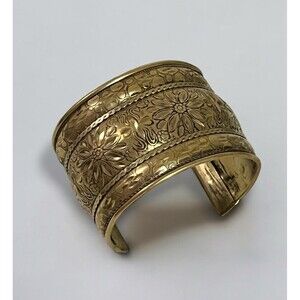 Vintage Brass Copper Wide Cuff Bracelet Etched Floral Boho Statement Jewelry